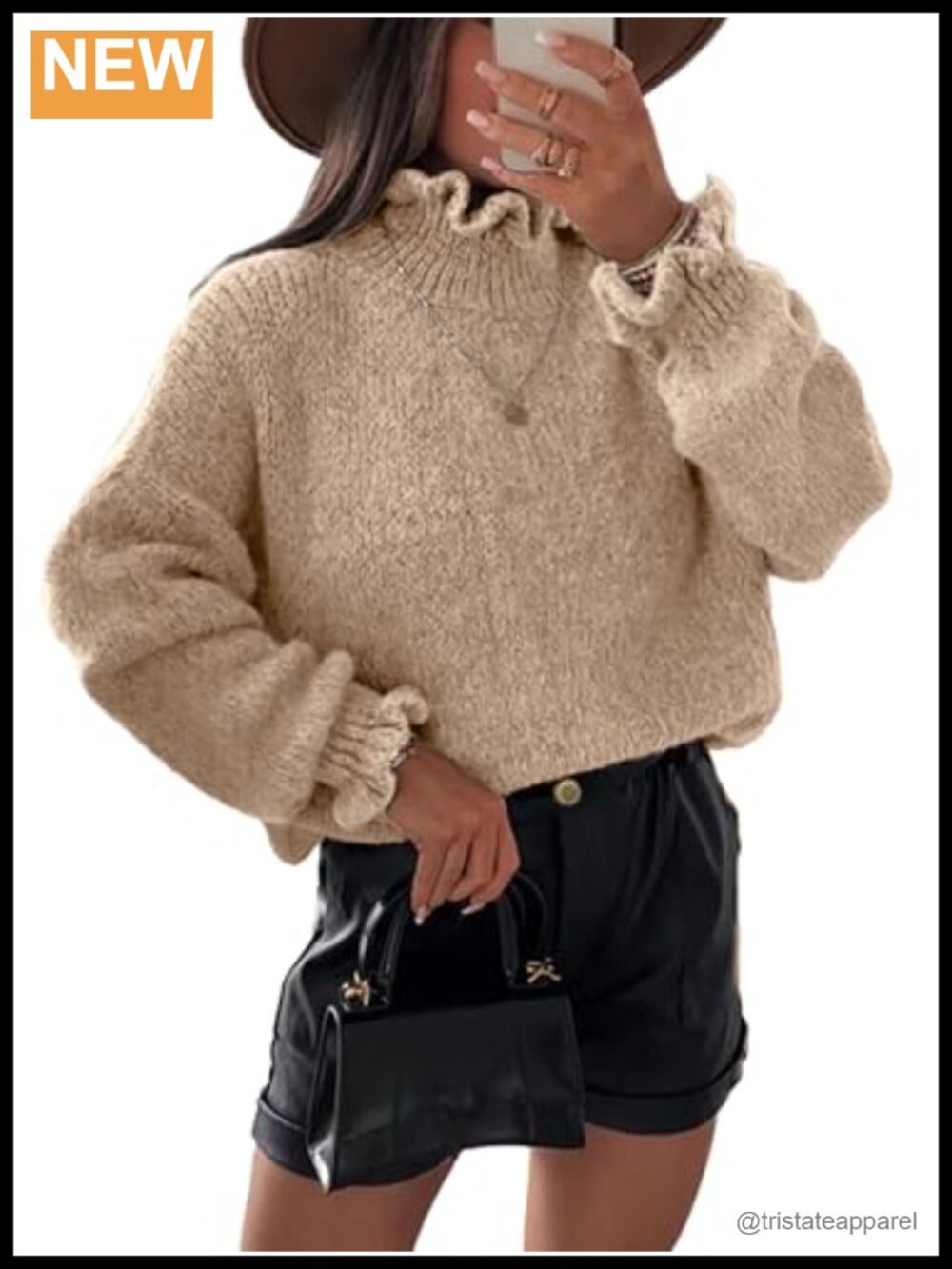 Oversized Fall Sweater Ruffle Turtleneck Chunky Knit Pullover